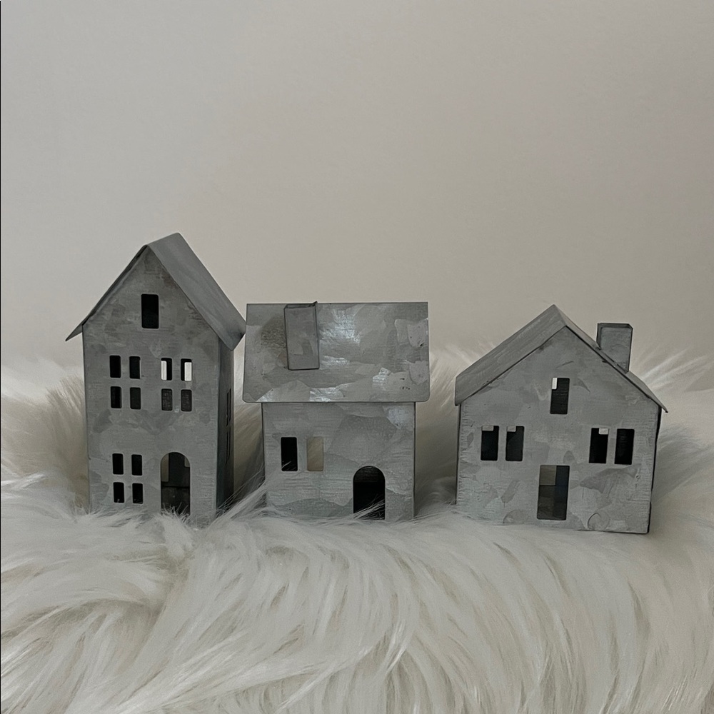 Set of Three Gray Galvanized Decorative Houses